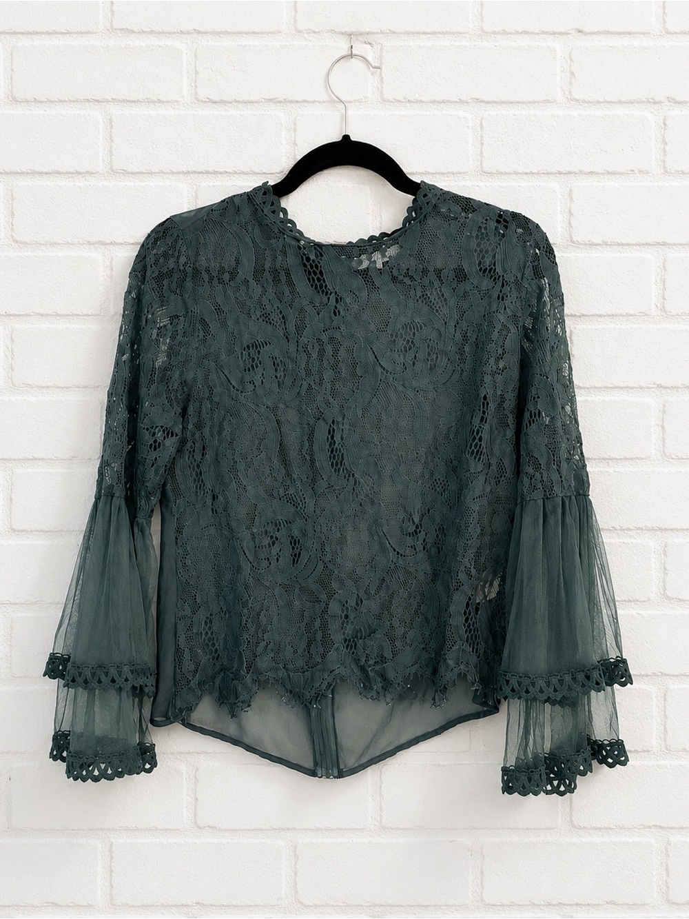 Romantic Dark Green Lace Bell Sleeve Boho Blouse Fairycore Cottagecore